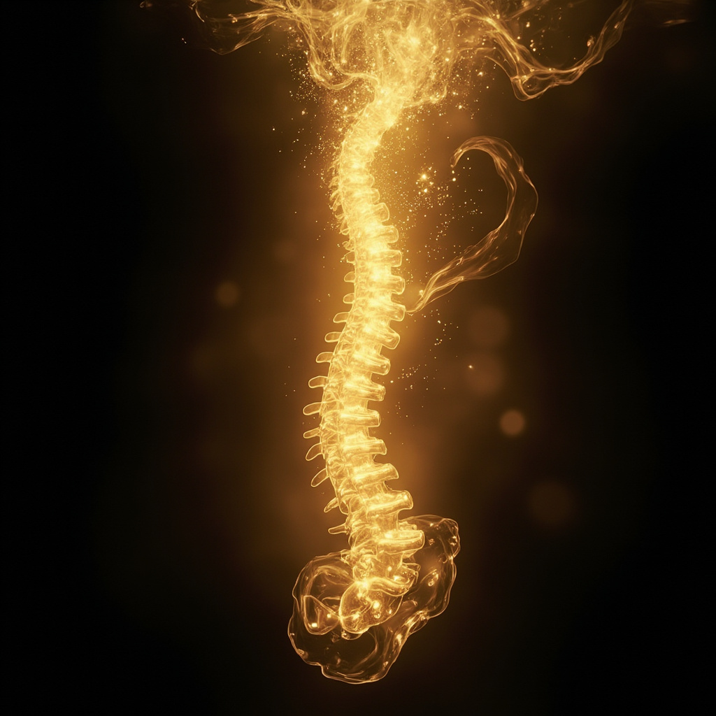 A serene, abstract representation of a glowing human spine with the mid-back region highlighted in warm, golden light, symbolizing energy flow and emotional release.