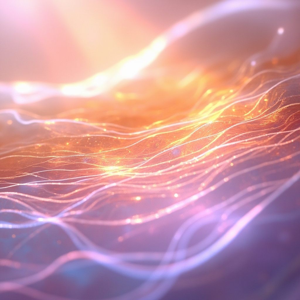 A serene, artistic representation of glowing, healthy skin layers interacting with soft, vibrant light waves, symbolizing energy and cellular harmony.