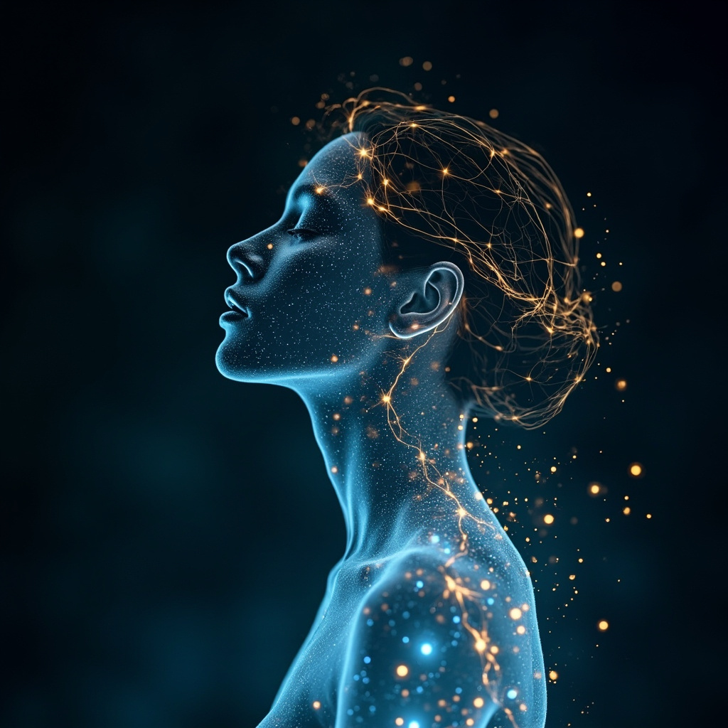 A serene, abstract representation of light and electrical energy flowing through a human silhouette, soft blue and golden tones, professional and calming aesthetic.