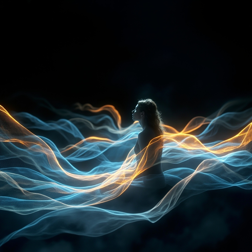 A serene, abstract representation of light waves harmonizing with the human silhouette, soft blue and golden tones, professional and calming aesthetic.
