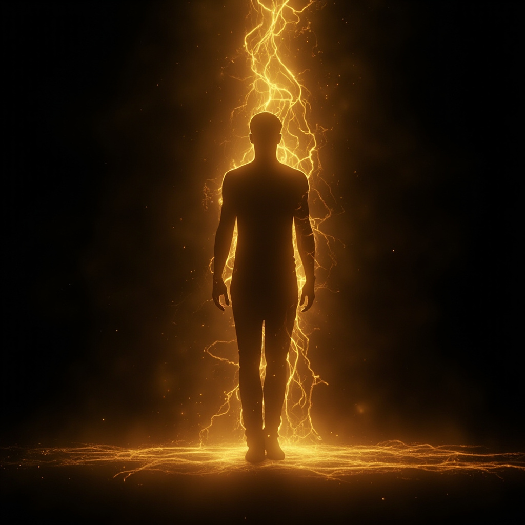 A serene, abstract representation of flowing golden energy lines moving through a calm, masculine silhouette, symbolizing strength and inner balance, soft lighting, high quality, professional photography style.
