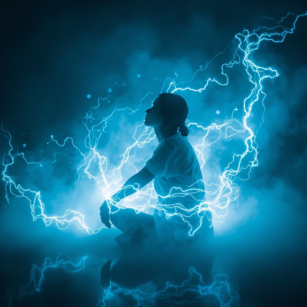 A serene, artistic representation of a person sitting in a calm, cool environment with soft blue and white light patterns representing electrical harmony and energy flow.