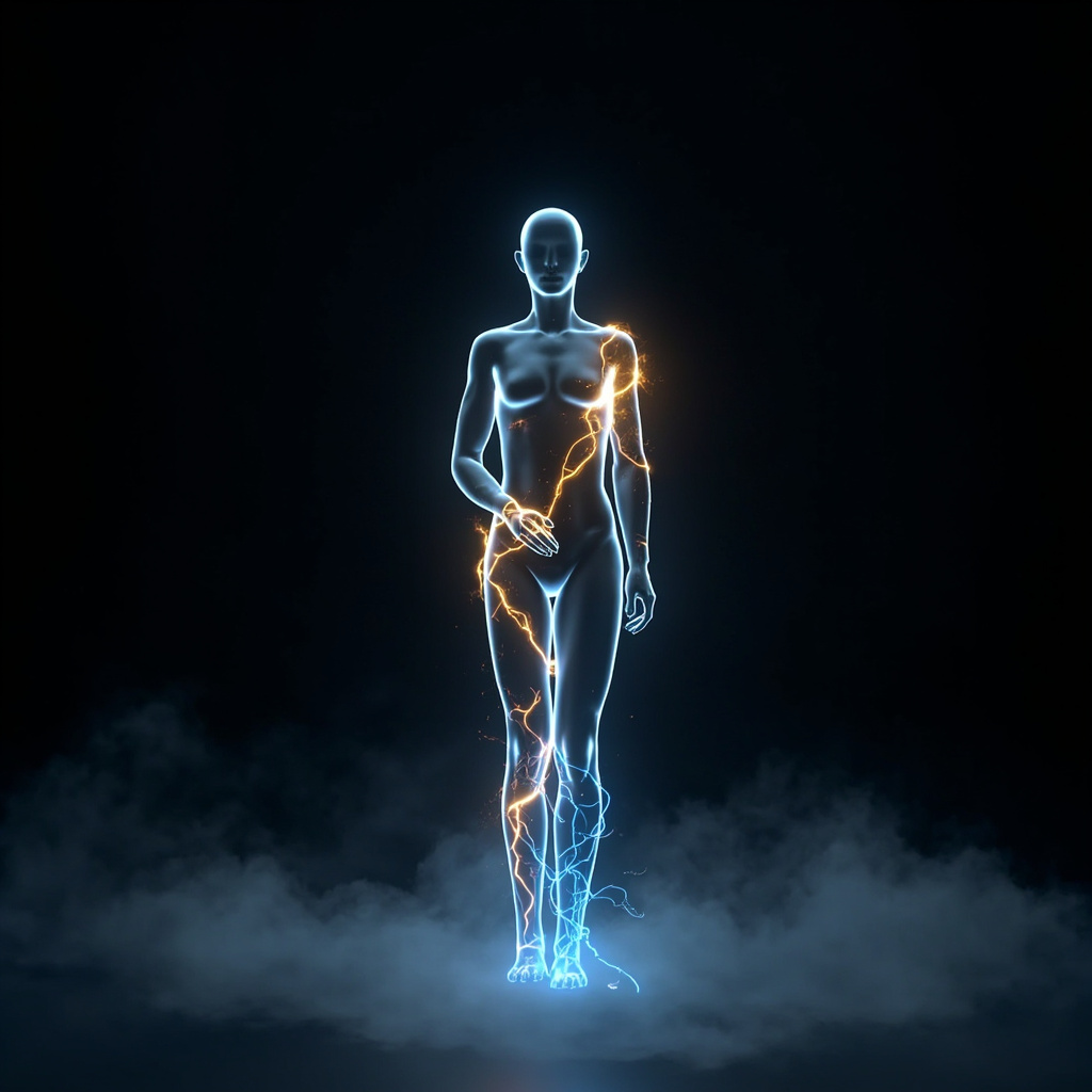 A serene, abstract digital representation of a human silhouette with soft, flowing golden and blue light lines representing electrical harmony and grounding.
