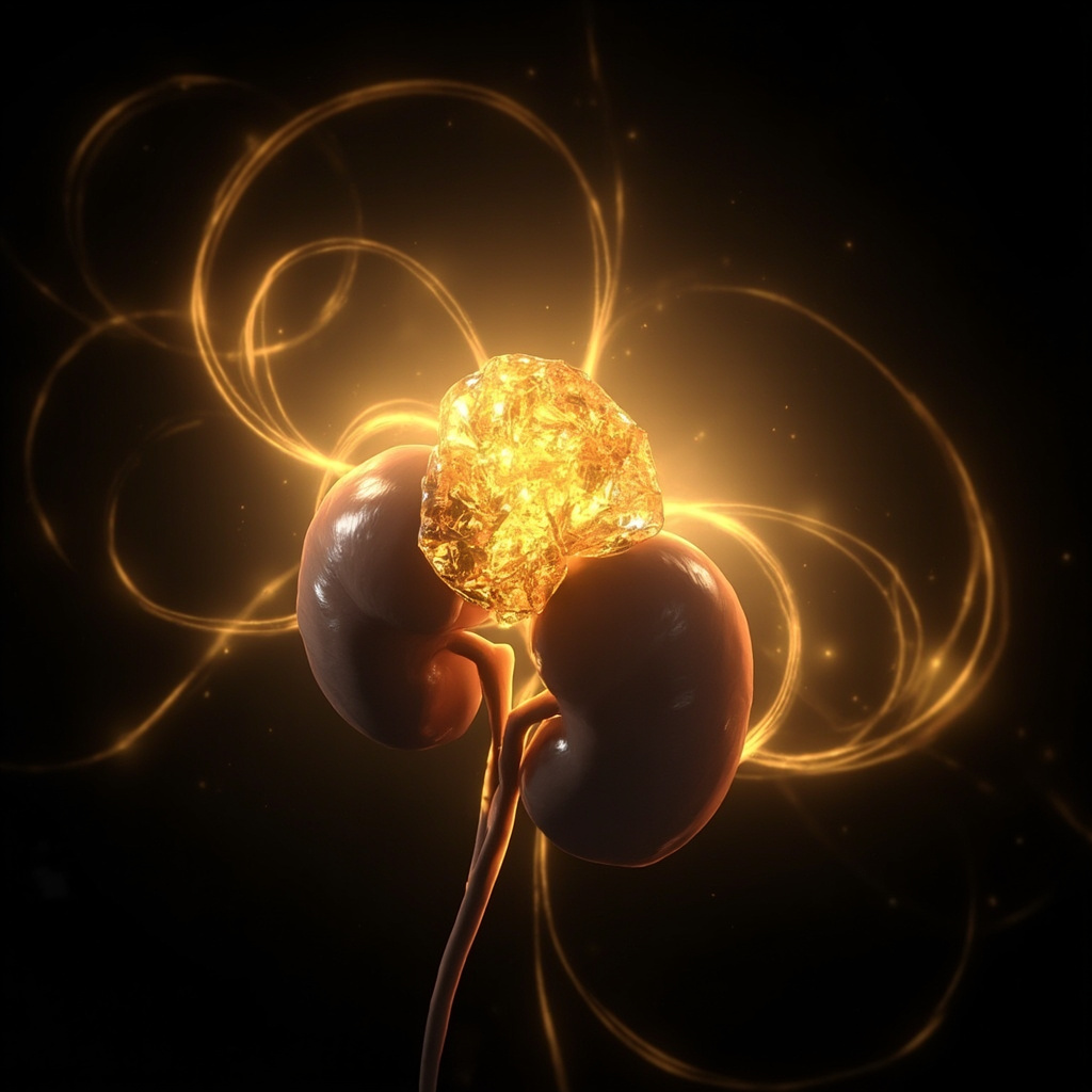 A serene, artistic representation of the adrenal glands as glowing, golden-hued structures resting atop the kidneys, surrounded by soft, flowing light representing energy, minimalist style, high resolution.