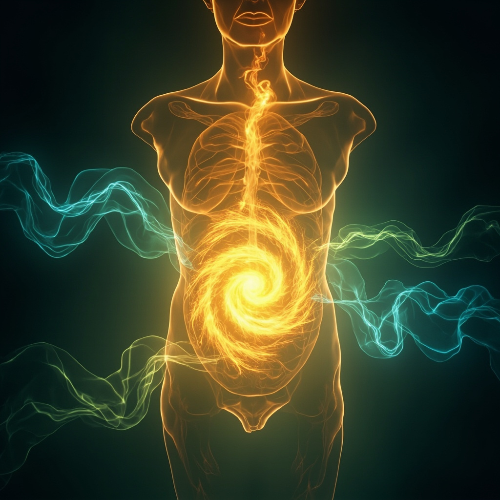 A serene, abstract representation of a glowing, golden spiral of light centered in the human torso, surrounded by soft, flowing blue and green energy streams, representing digestive harmony and vitality.