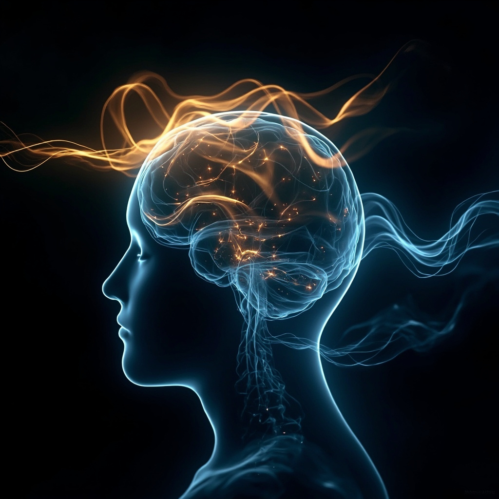 A serene, artistic representation of a glowing, translucent human brain silhouette, surrounded by soft, flowing golden and blue light waves representing balanced electrical activity and harmony.