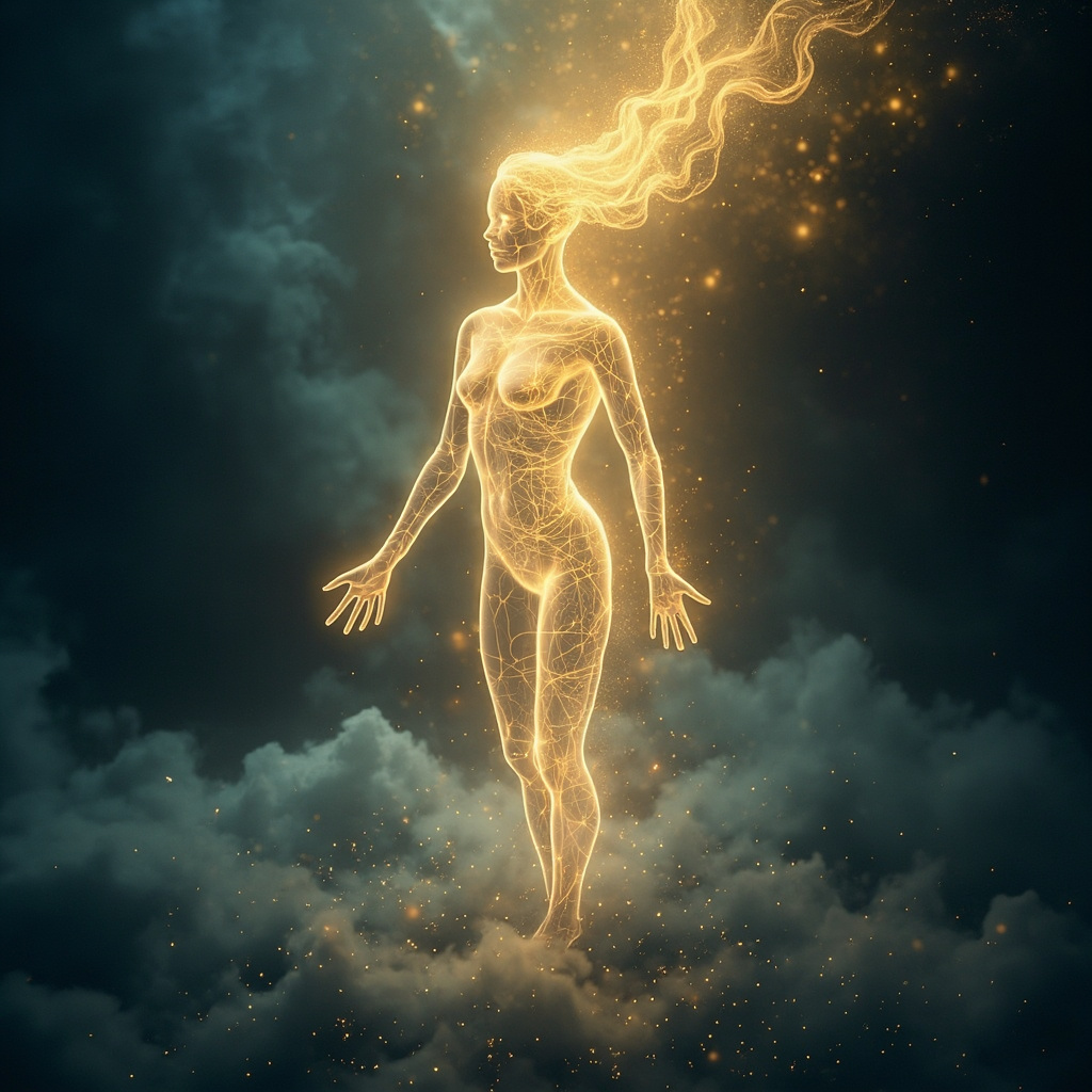 A serene, abstract representation of flowing light and soft, vibrant energy meridians moving through a human silhouette, set against a calming, ethereal background of deep blues and soft golds.