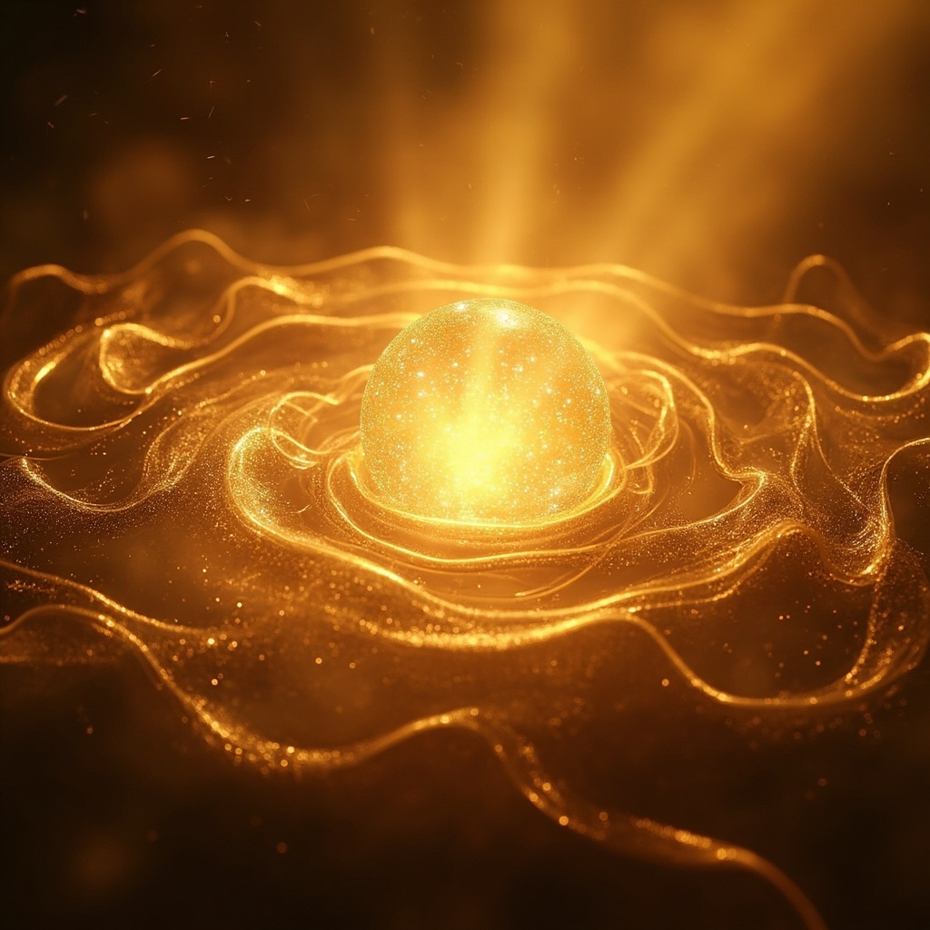 A soft, artistic representation of a glowing, warm light centered at the base of the throat, surrounded by gentle, flowing golden energy lines that radiate outward like a calm tide.