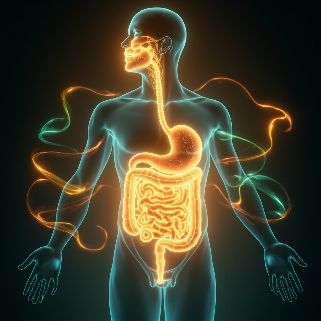 A serene, artistic representation of the human digestive system glowing with soft, golden light, surrounded by flowing, harmonious energy patterns in shades of warm amber and teal, evoking a sense of calm and vitality.