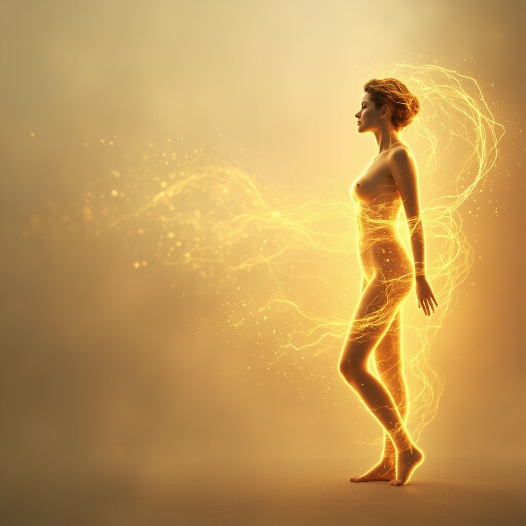A serene, artistic representation of a human silhouette with glowing red and gold energy flowing through the veins and meridians, symbolizing the restoration of blood and Qi, soft cinematic lighting, ethereal atmosphere.