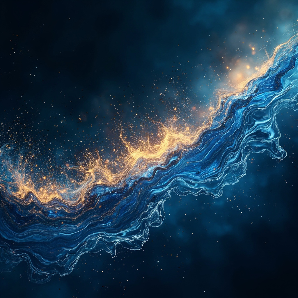 A serene, abstract digital representation of flowing liquid light, transitioning from soft, agitated sparks into calm, harmonious waves of deep blue and soft gold.
