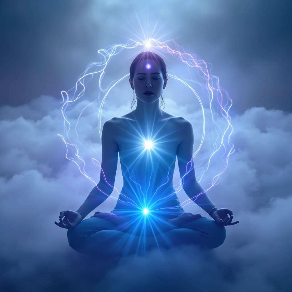 Serene meditator sitting cross-legged with glowing chakra points along the body, soft waves of blue and purple energy representing heart coherence and brain waves, calm misty background, peaceful expression.