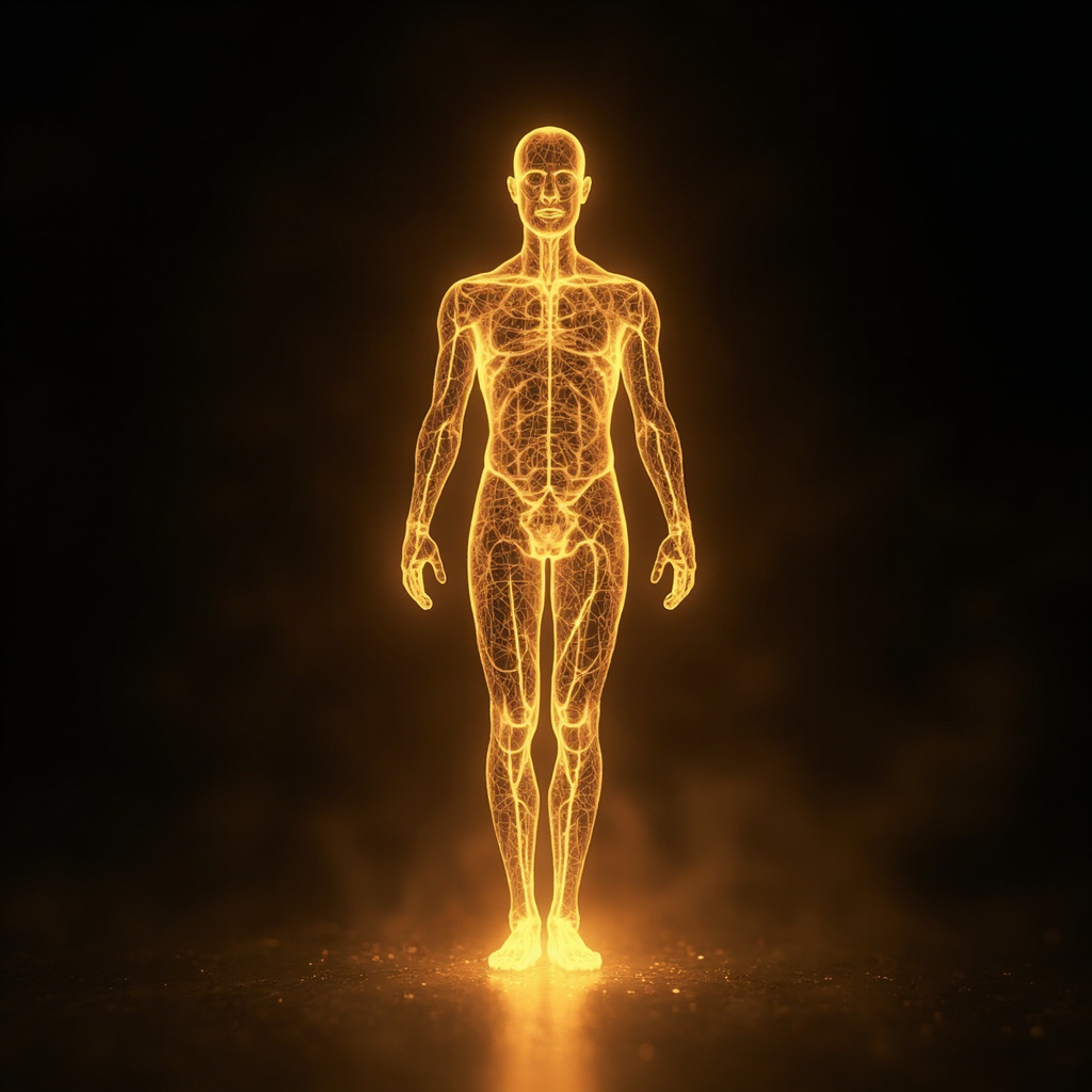 A conceptual image showing a glowing, golden network of energy pathways flowing through a human silhouette, representing circulation and vitality, soft lighting, professional and calm atmosphere.