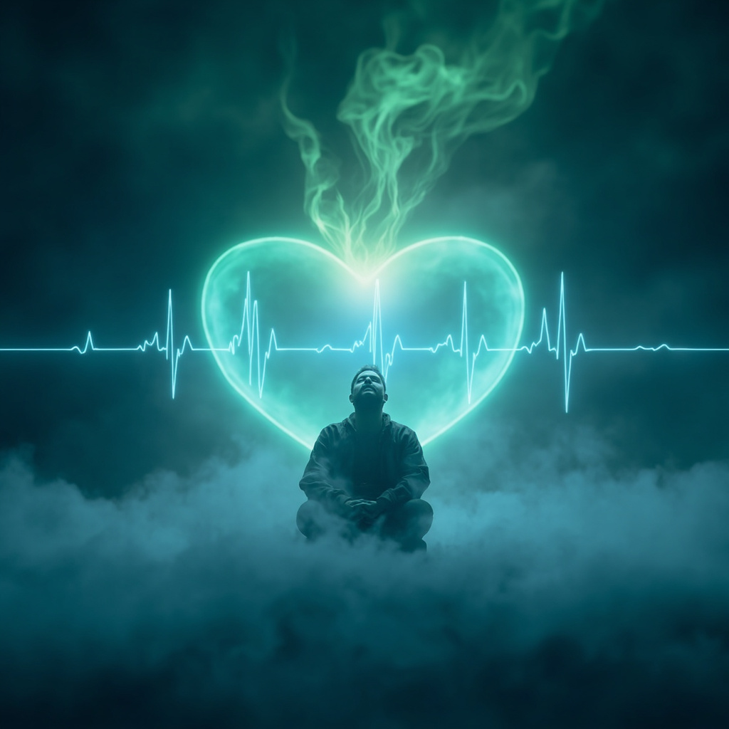 Serene glowing heart with subtle waveform lines representing HRV, surrounded by soft energy auras and a meditating figure breathing calmly, in calming blues and greens