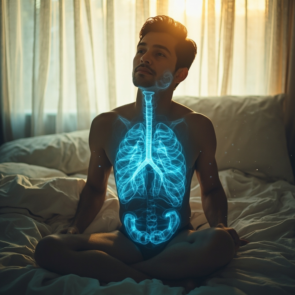 prompt: Softly lit bedroom at dawn, a person sitting up in bed looking energized, with subtle glowing blue energy waves flowing from lungs through the body, faint dust particles fading away, calming and restorative atmosphere