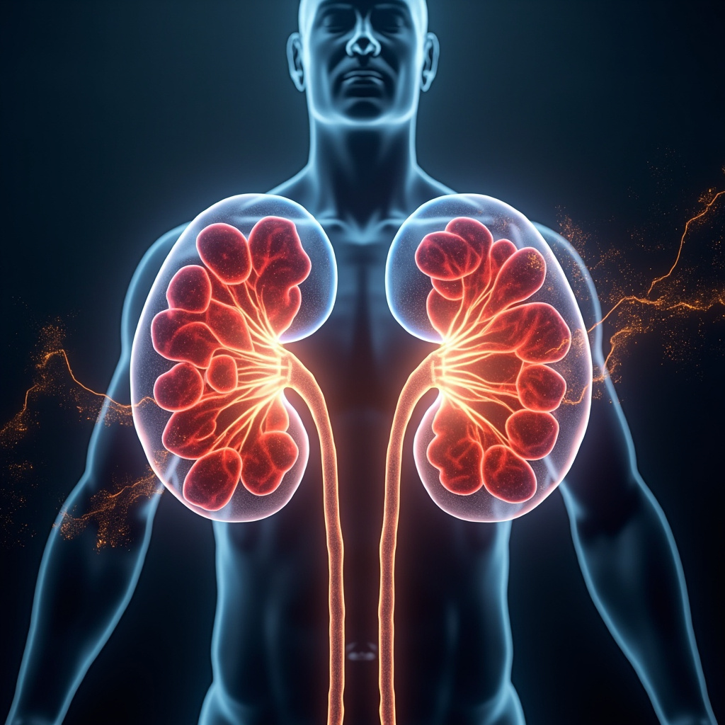 Soft glowing kidneys with flowing red blood cells and energy waves in blue and gold tones, a revitalized person standing strong in the background, serene healing atmosphere