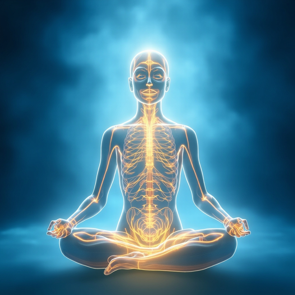Human silhouette in meditative pose with glowing golden energy lines tracing meridians from neck through chest, face, and lower abdomen, soft blue background, healing aura, serene and vibrant