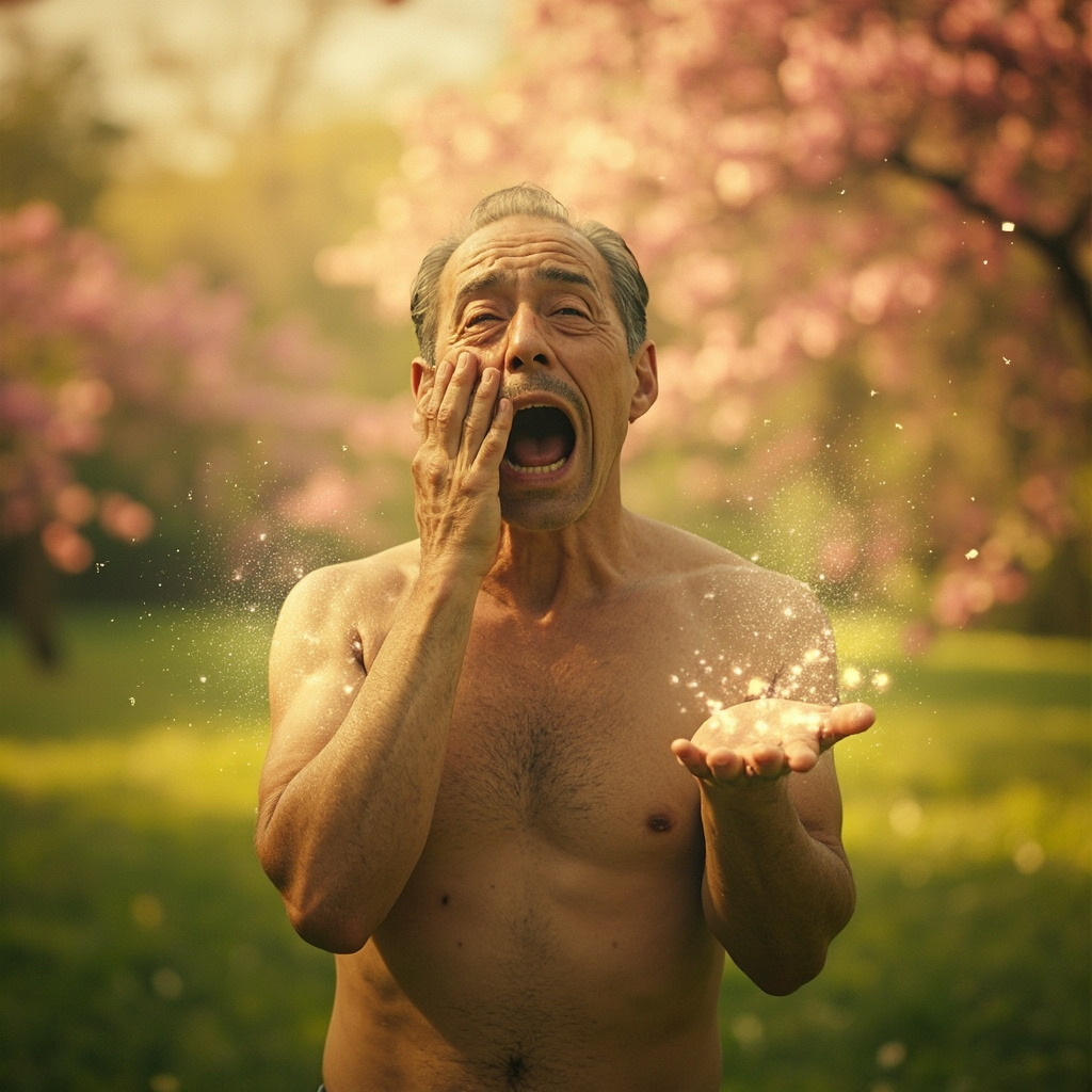 A weary adult in a blooming spring park, rubbing itchy eyes and yawning, surrounded by floating pollen grains; soft glowing energy waves from hands balancing the body, serene background, realistic style