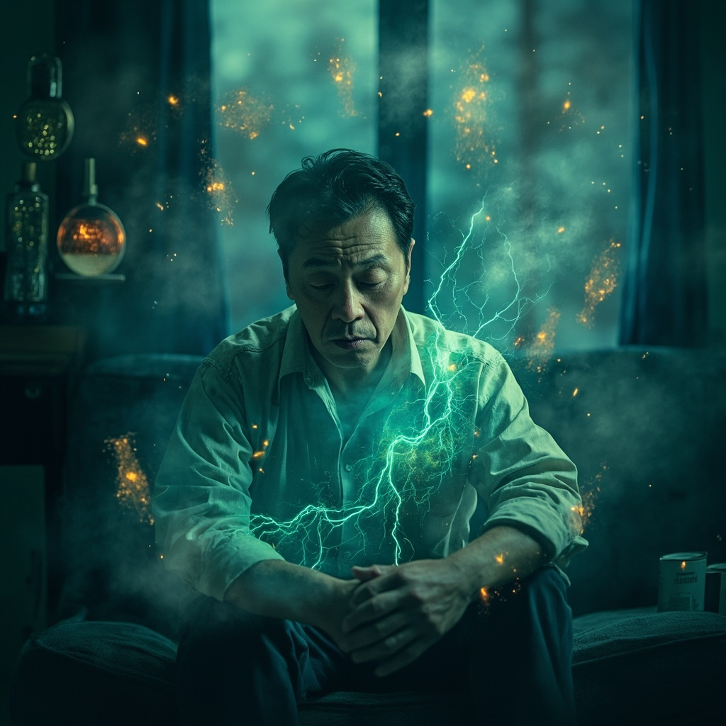 A fatigued adult in a home setting, surrounded by subtle clouds of perfume bottles, cleaning sprays, and fresh paint fumes; disrupted glowing energy meridians around the body fading to vibrant flow, serene blue and green tones, realistic style.