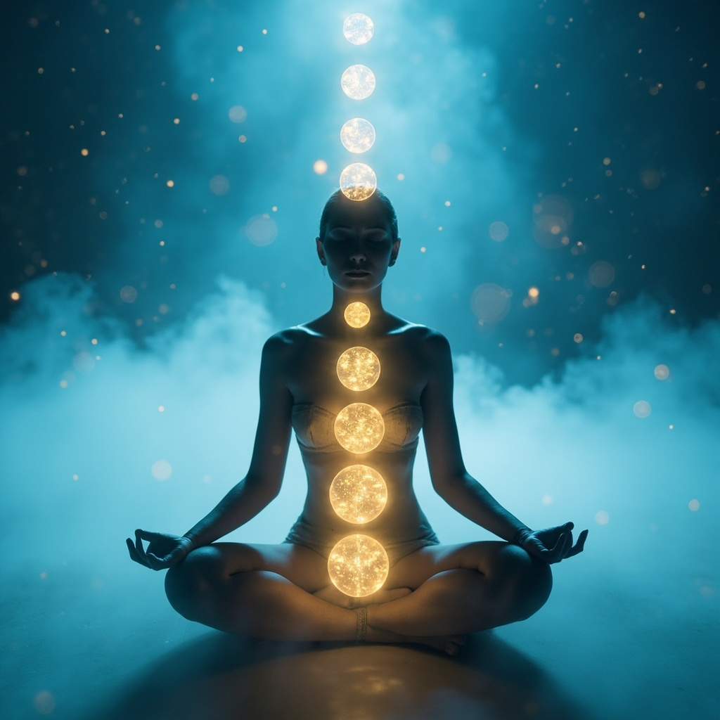 Serene image of a person in a balanced pose, surrounded by organized glowing energy orbs aligning chakras, evoking clarity and calm in soft blues and golds.