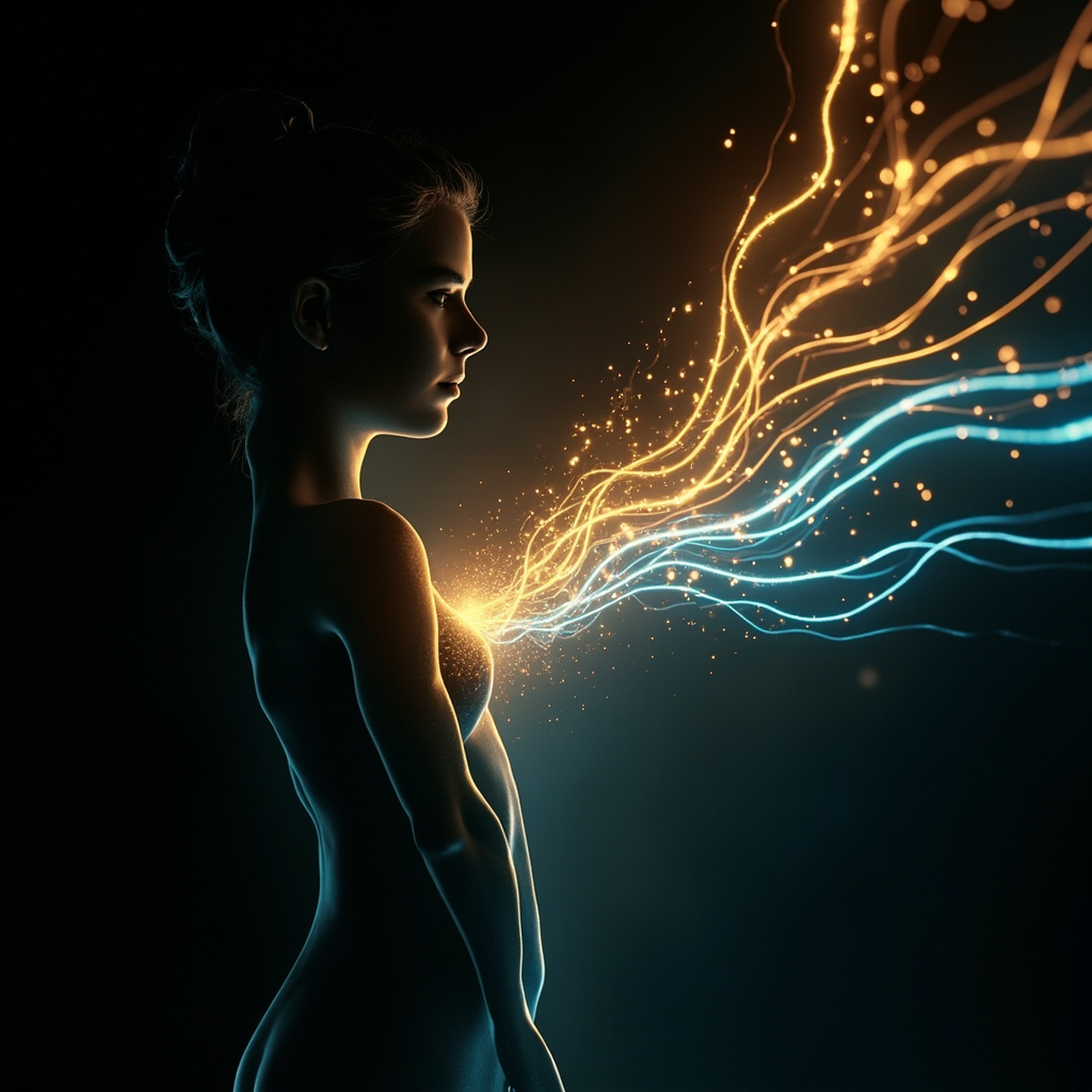 A serene, abstract digital art piece showing a glowing, rhythmic flow of light moving through the right side of a human silhouette, symbolizing circulation, vitality, and purposeful energy.