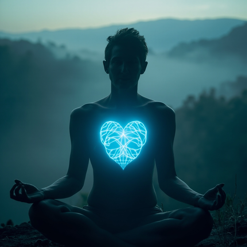 Serene person meditating outdoors at dawn, heart glowing with balanced blue wave patterns symbolizing HRV frequencies LF and VLF in harmony, soft ethereal light, calming greens and blues.
