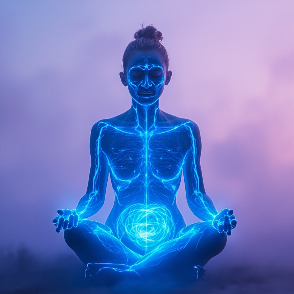 A person sitting in a meditative pose, looking exhausted but with glowing blue energy lines tracing meridians from wrists, face, lower back, and abdomen, symbolizing healing from fatigue, muscle weakness, and brain fog, soft pastel background.