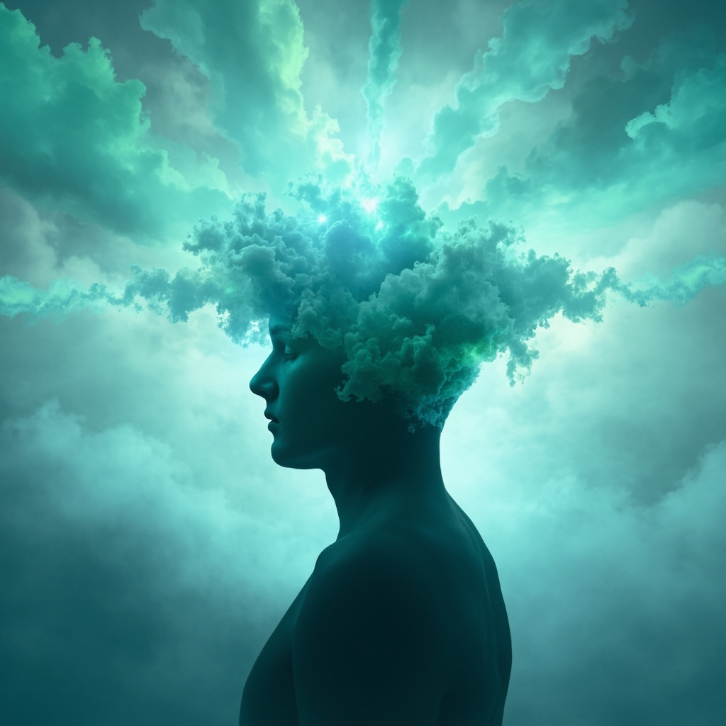 Serene human silhouette with glowing brain waves in calming blue and green tones, obsessive thought clouds dissolving into balanced energy flows symbolizing mental clarity and inner peace.