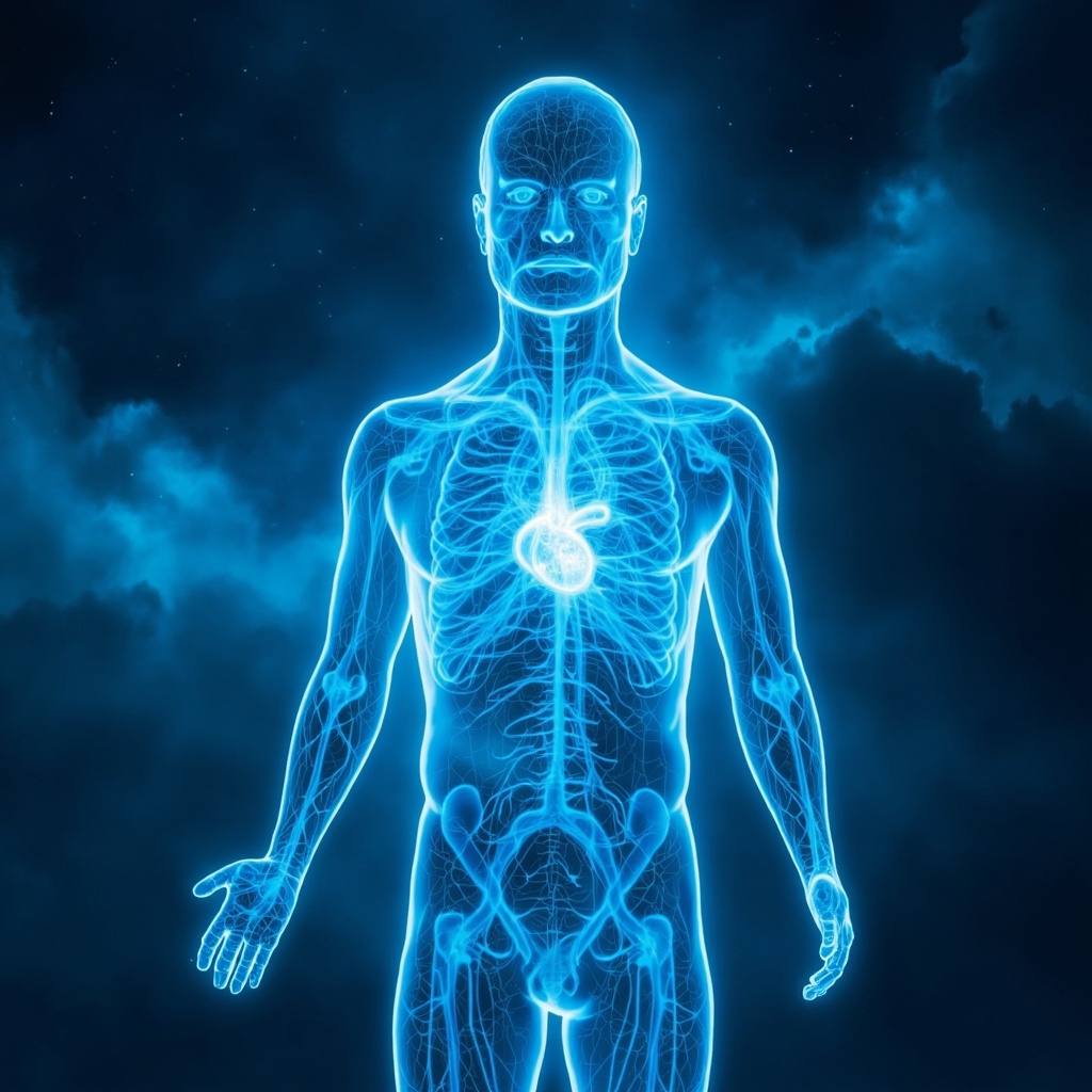 Serene human silhouette with glowing blue energy waves pulsing from the heart outward through the body and nervous system, symbolizing balanced global electrical activity, soft cosmic background.