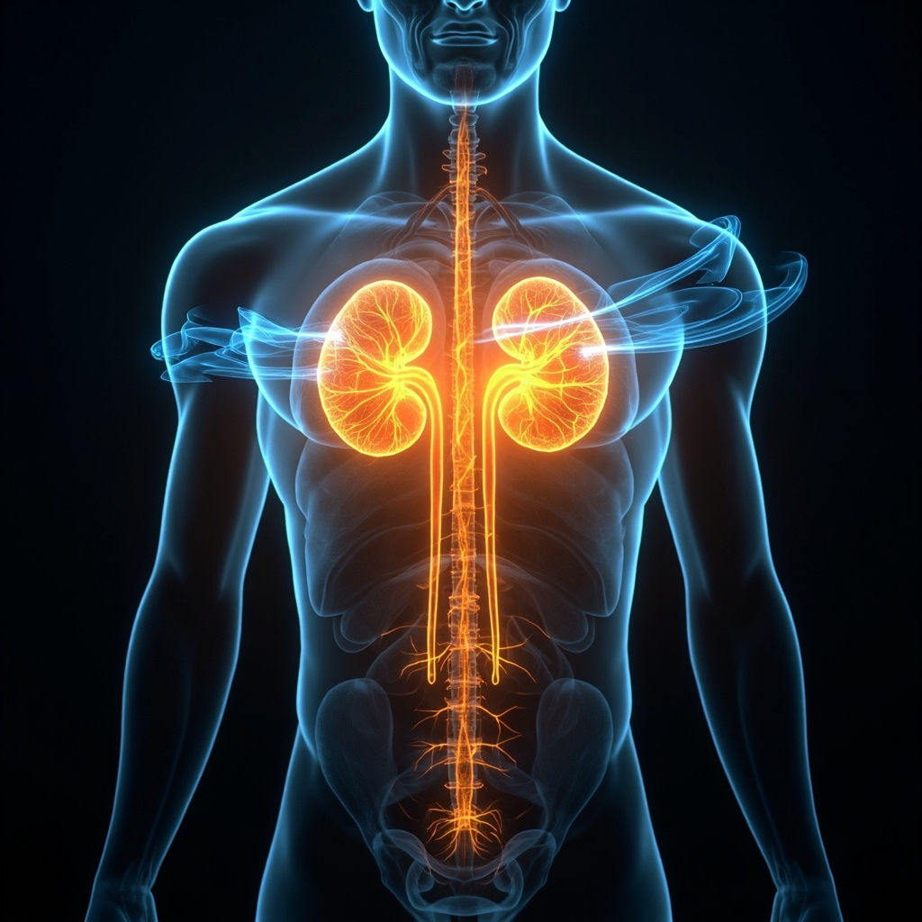 Vibrant artistic rendering of adrenal glands on kidneys, emitting golden energy waves symbolizing fight-or-flight surge, with calming blue auras balancing the flow, in a serene human silhouette.