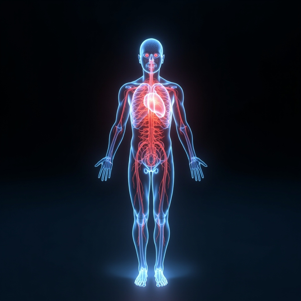 Serene human silhouette with soft glowing blue and red energy waves flowing smoothly through heart, arteries, and body, symbolizing balanced blood pressure, vitality, and calm energy healing.