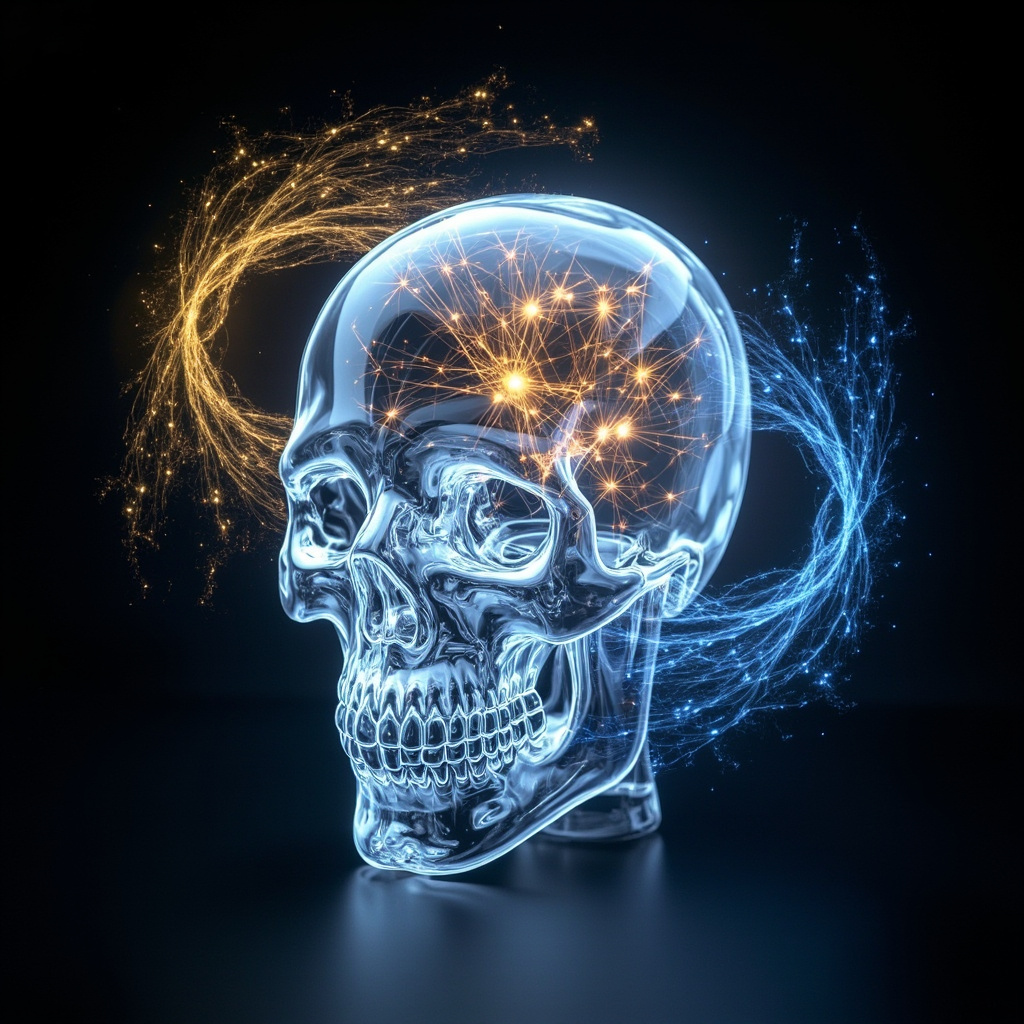 A glowing human brain inside a serene skull, surrounded by harmonious sound waves and energy flows in blue and gold, symbolizing clarity and balance.