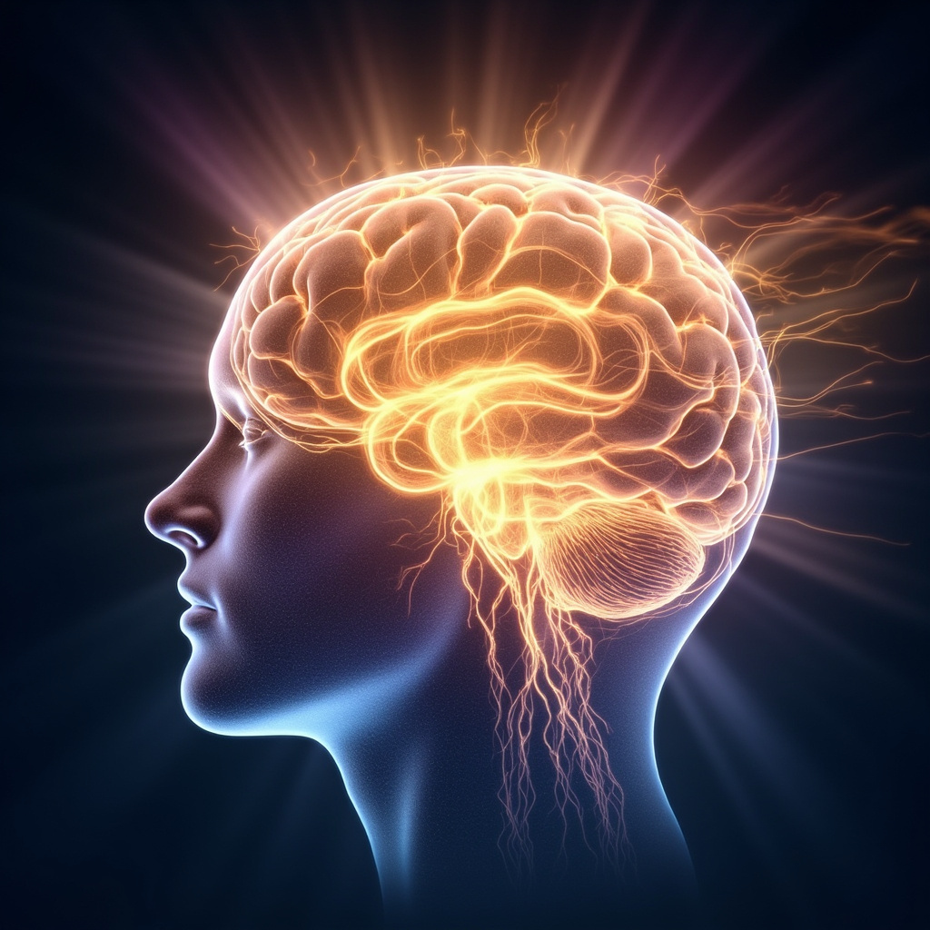 A glowing human brain in profile, with golden energy waves flowing through neural pathways, surrounded by soft meditative light auras in blue and purple tones, symbolizing vitality, coherence, and inner healing.