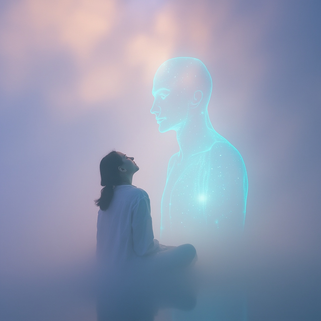 A thoughtful person sitting calmly, gazing at a subtle glowing outline of their body with soft blue frequency waves emanating from the heart and mind areas, symbolizing release of worry and inner energy balance, in serene pastel tones.