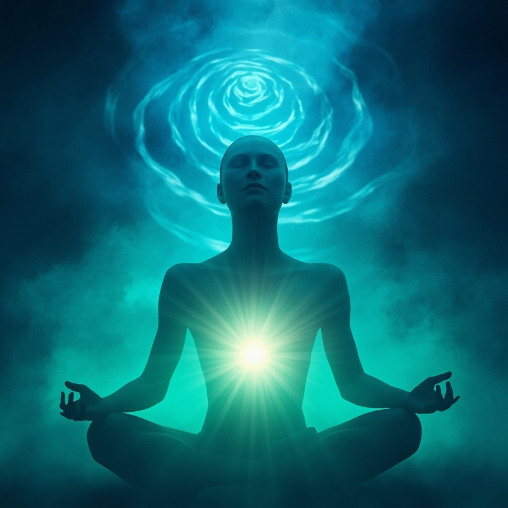 Serene meditative figure with soft glowing energy waves around the head and heart, in calming blue and green tones, symbolizing transformation from worry to awareness