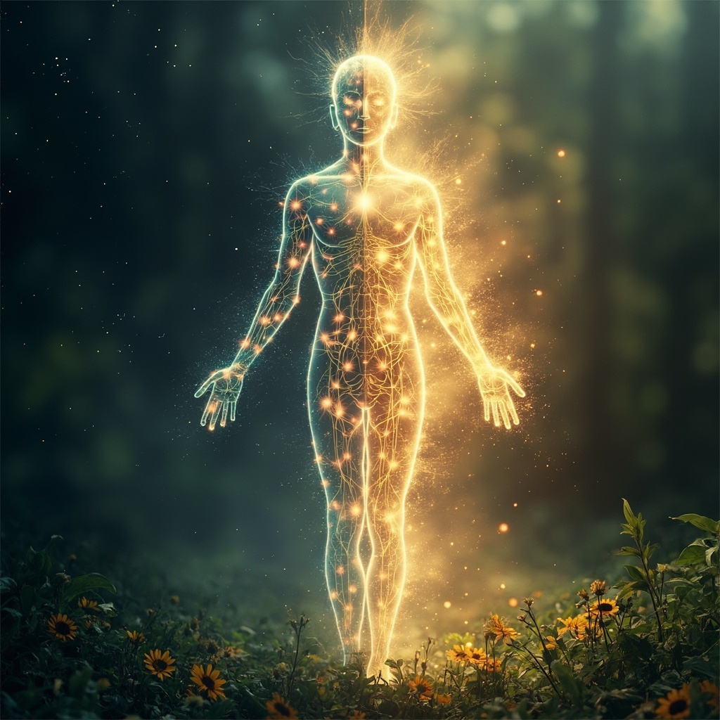 A weary figure standing in dim shadows, gradually illuminated by soft glowing energy waves flowing through meridians and chakras, transforming into a vibrant, energized person in bright light, serene nature background.