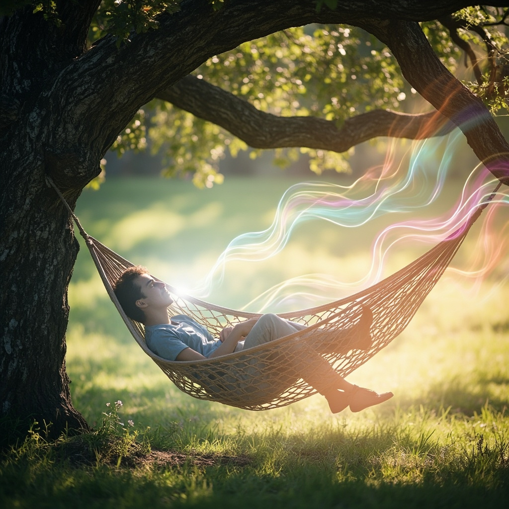 A peaceful scene of a person lying in a hammock under a tree, with subtle glowing energy waves emanating from their body, transitioning from dark fatigue shadows to bright vitality light, in soft pastel colors.