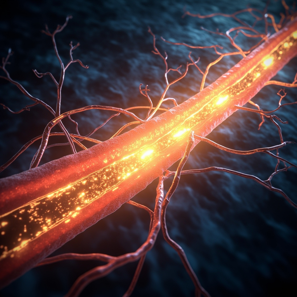 A high-quality 3D medical illustration of a human arterial network glowing with a soft, golden light, transitioning from a constricted, dim red state to a wide, flowing, luminous gold state, symbolizing the restoration of energy and flow, set against a deep zen-like blue background.