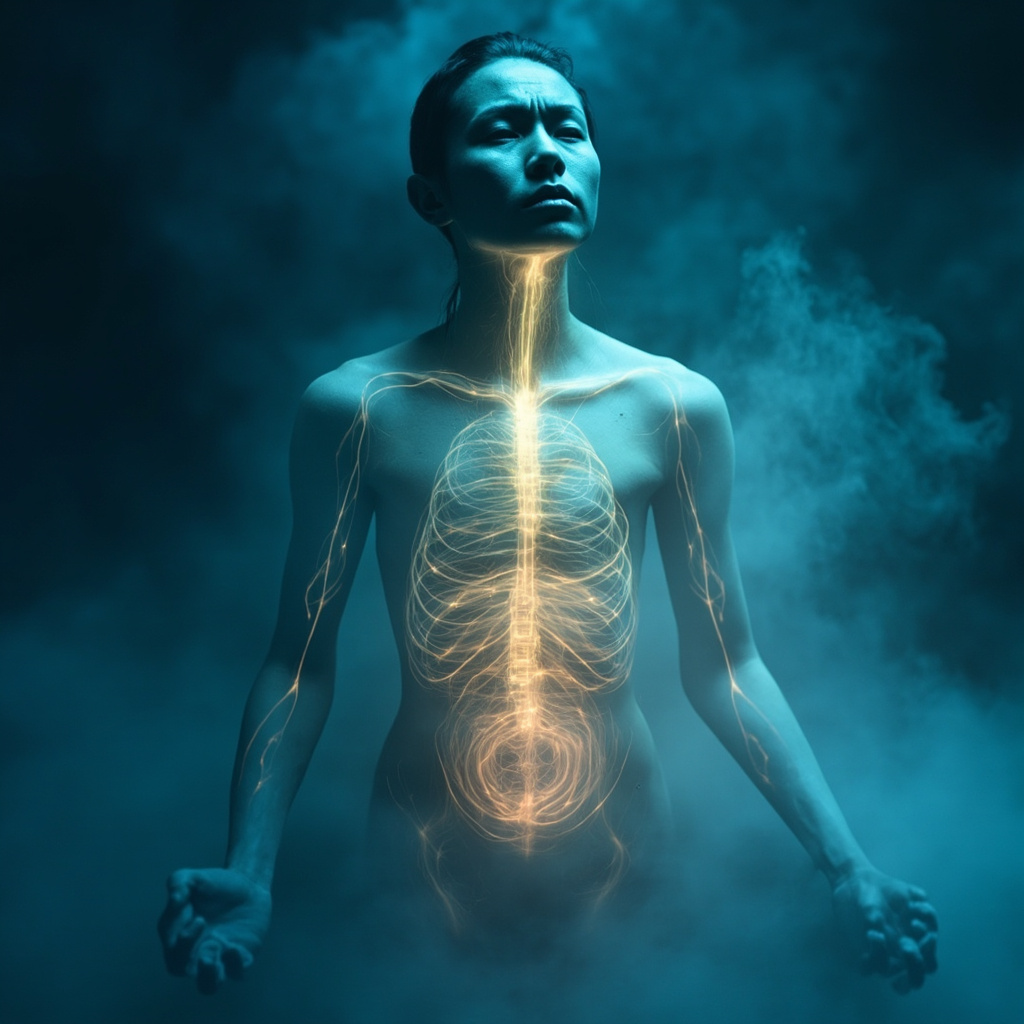 Illustration of a weary person with faint glowing meridians around the spleen, stomach, and lower abdomen showing blockages, transitioning to bright flow after balancing, soft blue tones for calm healing.
