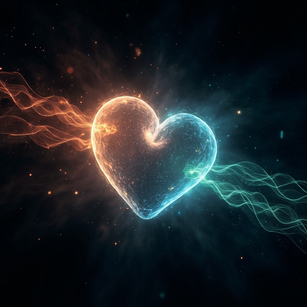 Illustration of a glowing heart with balanced HRV waves transitioning from chaotic stress patterns to smooth, vibrant energy flow, evoking inner peace and vitality restoration.