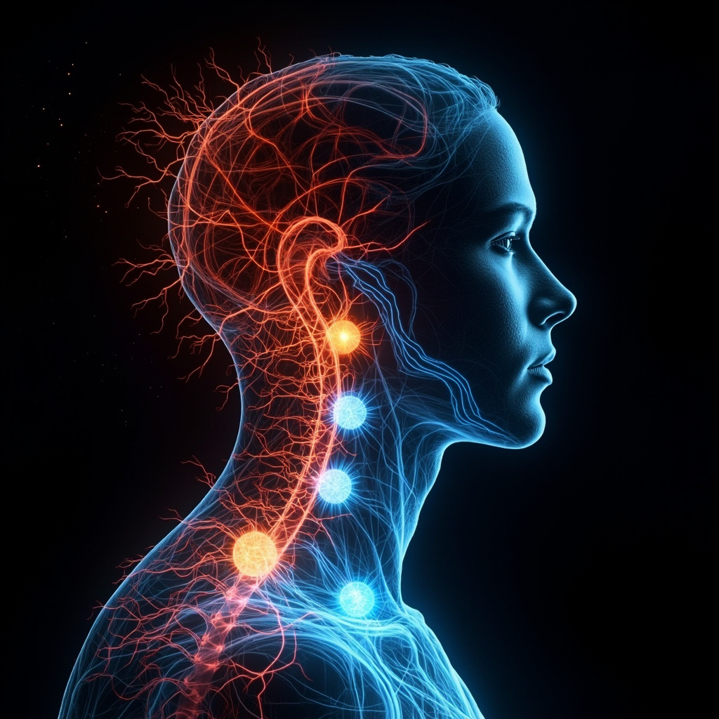 Illustration of a human silhouette with red glowing nerves along the spine for overactive sympathetic system, transitioning to blue calm waves, stressed face to serene, subtle energy chakras balanced.