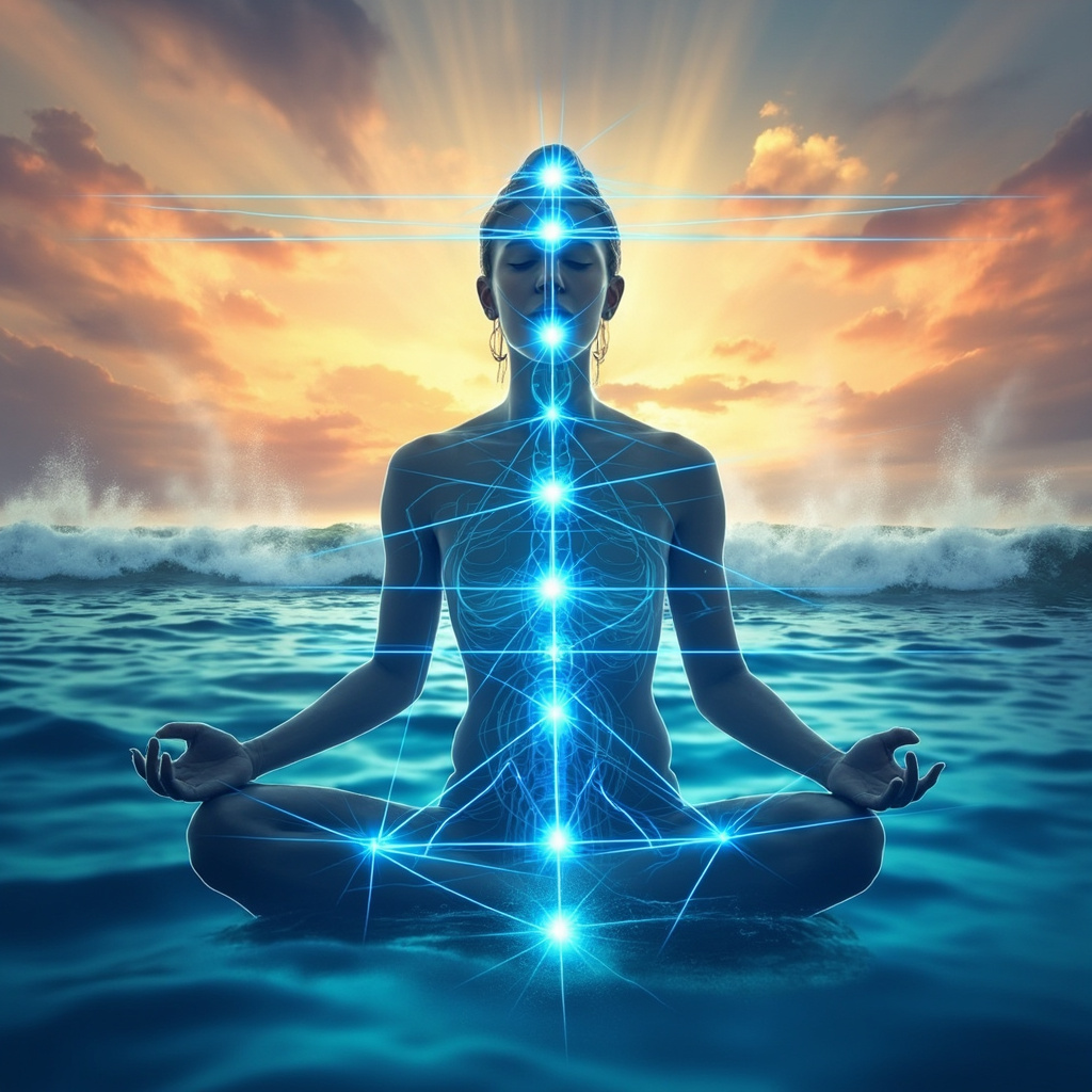 Illustrative image of a relaxed human silhouette with glowing blue energy lines connecting acupuncture points GB31 on thigh, LR9 on inner knee, GB7 at temple, GV20 on head top, ST30 in lower abdomen; soft summer sunset background transitioning to cool ocean waves, serene healing atmosphere
