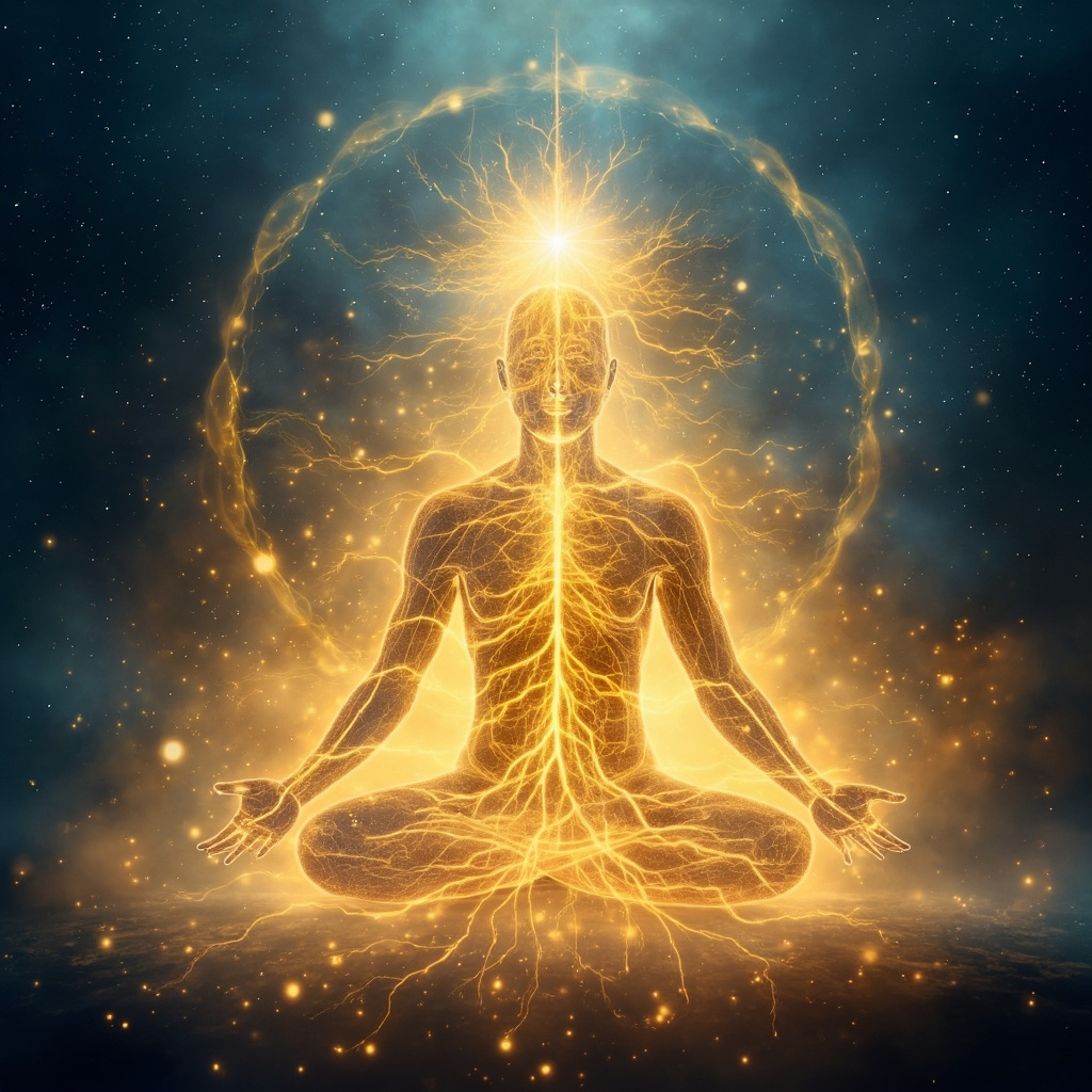 Vibrant digital art of golden prana energy flowing like rivers through glowing human nerves and chakras, serene person in lotus pose with radiant aura, calming blues and golds, high detail