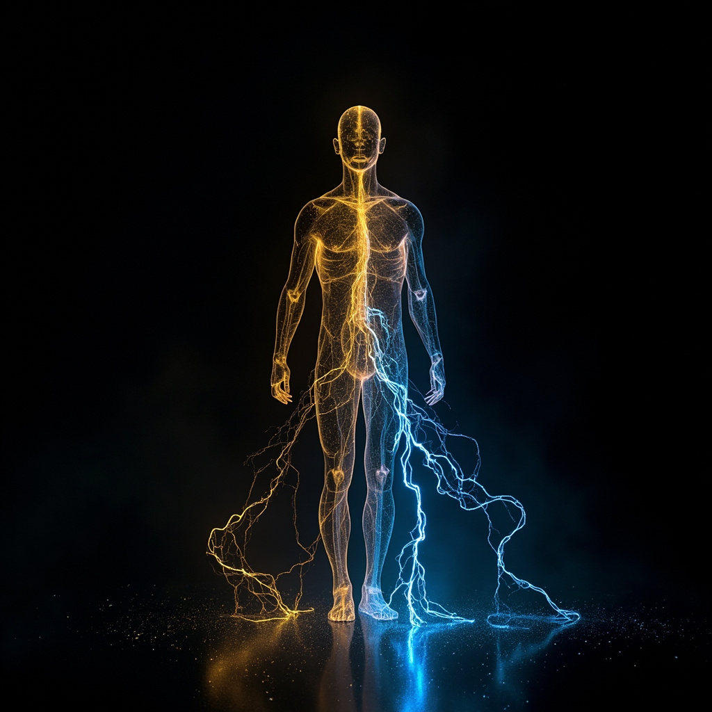 A serene, abstract visualization of flowing, luminous golden and blue light currents moving gracefully through a human silhouette, representing internal energetic balance and harmony.