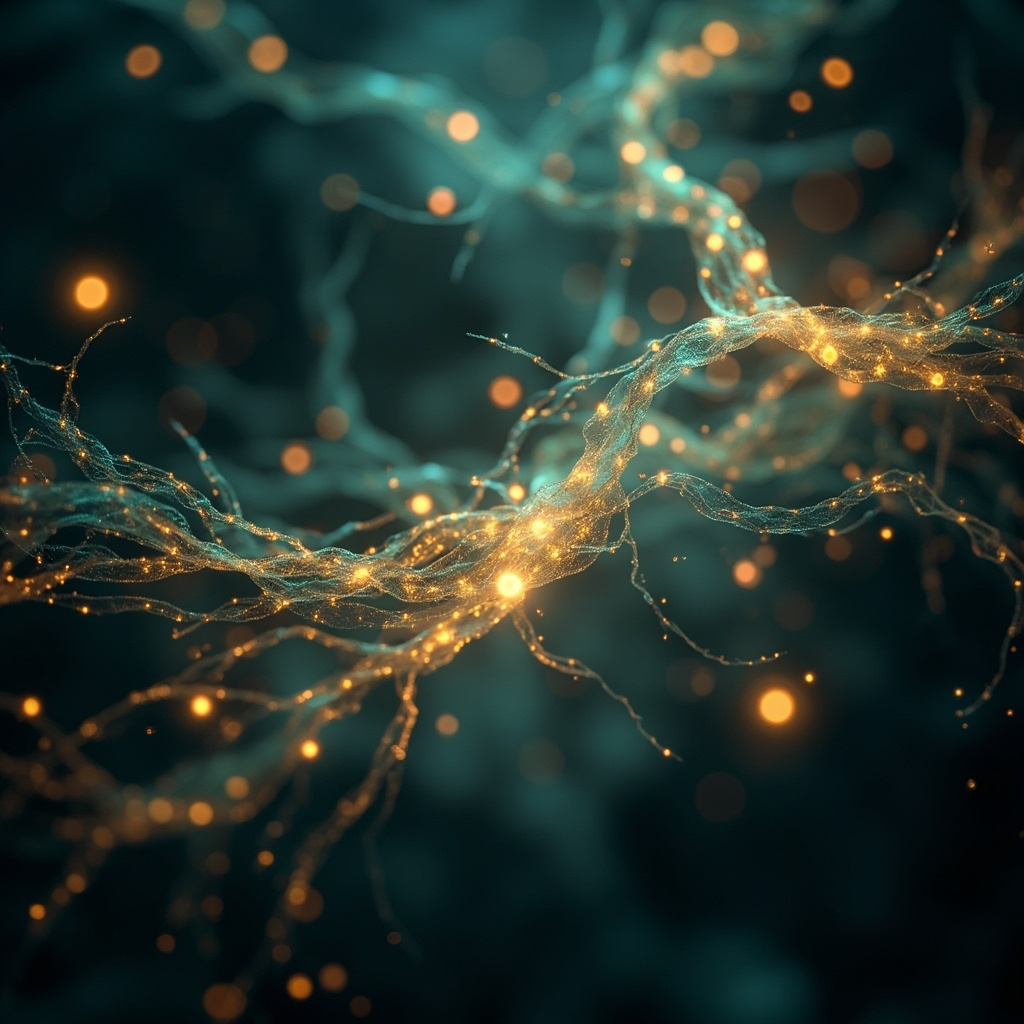 A serene, abstract visualization of neural pathways glowing with soft, harmonious light, representing the balance of the autonomic nervous system.