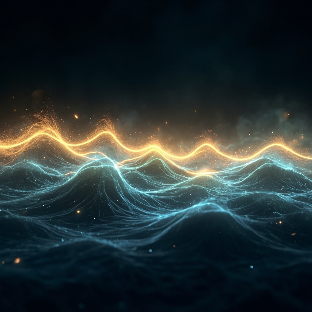 A serene, abstract visualization of glowing, rhythmic light waves pulsing in a heartbeat pattern, representing internal energy flow and harmony.