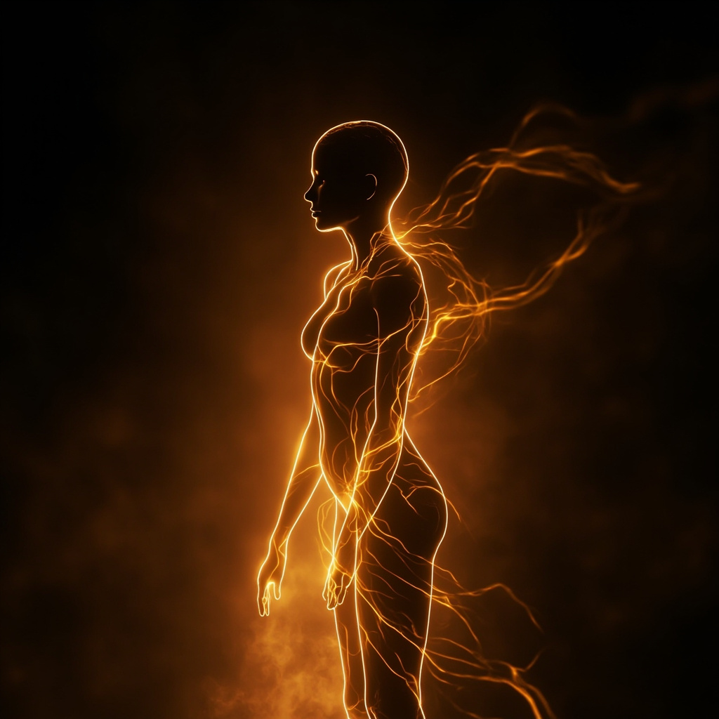 A serene, abstract visualization of glowing, flowing golden light pathways moving through a silhouette of a human body, representing balanced energy and emotional harmony, soft focus, high quality.