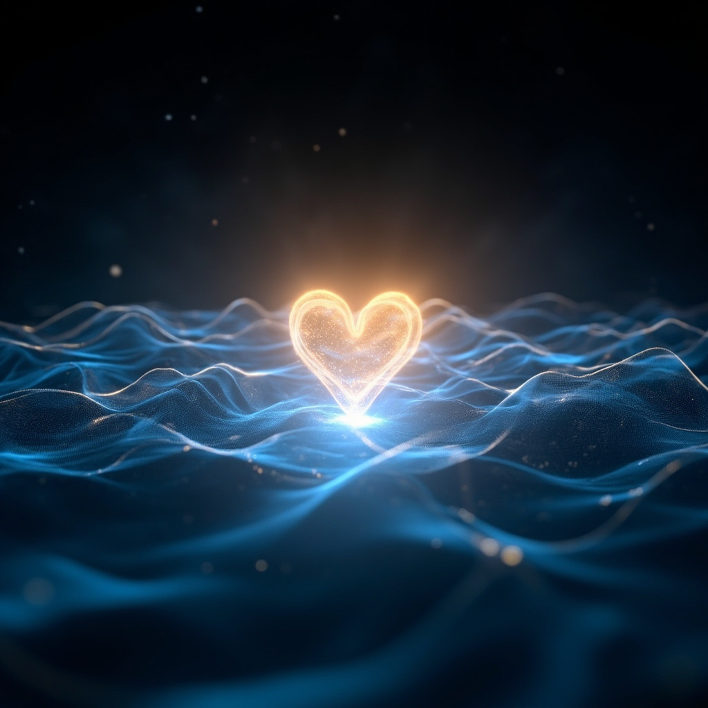 A serene, abstract visualization of glowing, rhythmic light waves emanating from a heart shape, representing the harmony of heart rate variability and inner calm.