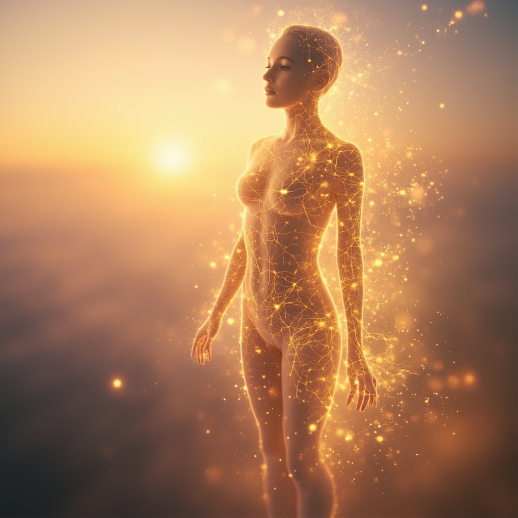 A serene, abstract visualization of glowing golden energy pathways flowing through a human silhouette, set against a soft, calming sunset background.