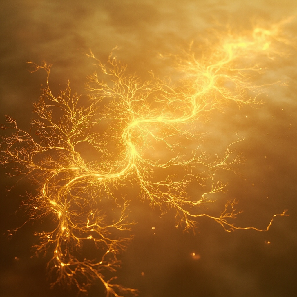 A serene, abstract visualization of glowing, golden light flowing through intricate, tree-like branching structures, resembling both human arteries and the patterns of a river, set against a soft, calming background.
